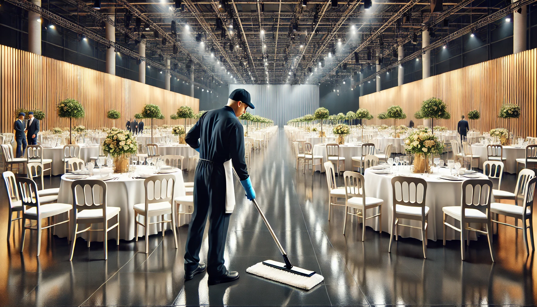 professional cleaning crew working discreetly in an elegant event venue